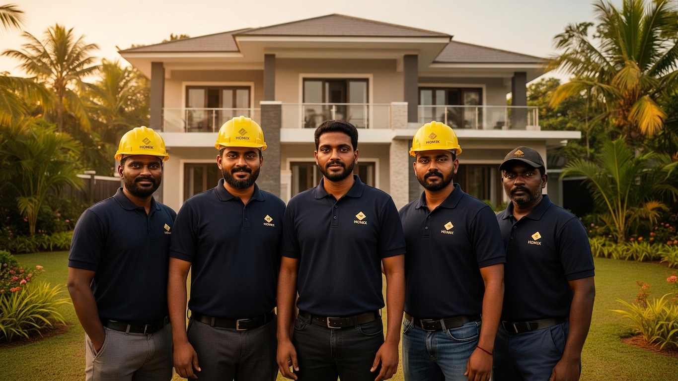 Homix team on a Sri Lankan construction site wearing yellow helmets